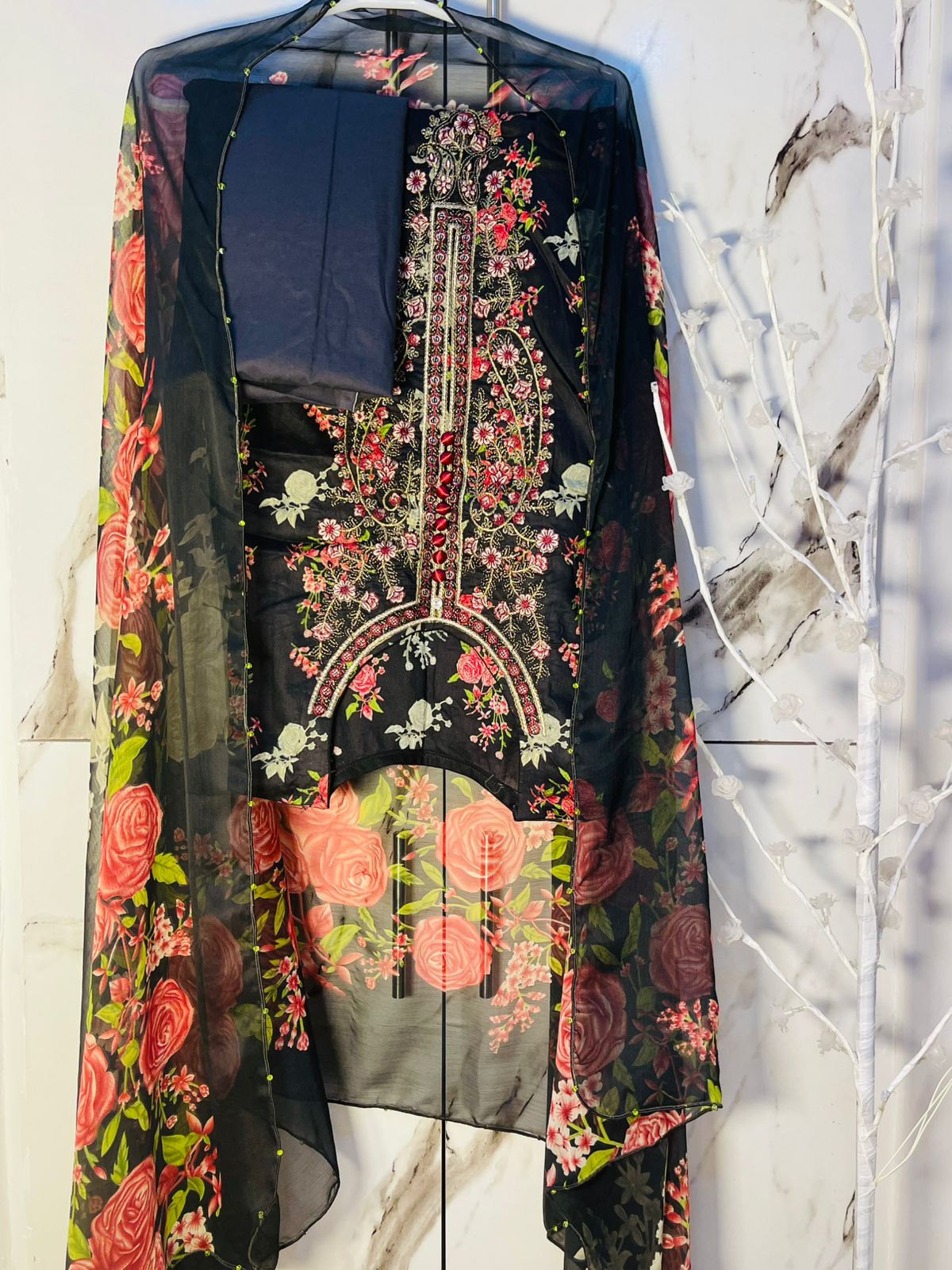 Black grey Shafon embroidery suit - unstitched