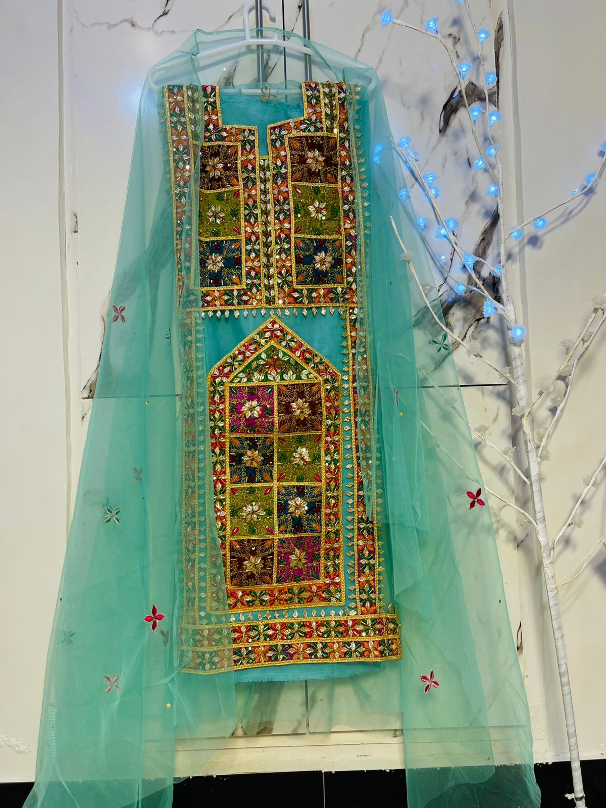 Blue balochi handmade suit - unstitched