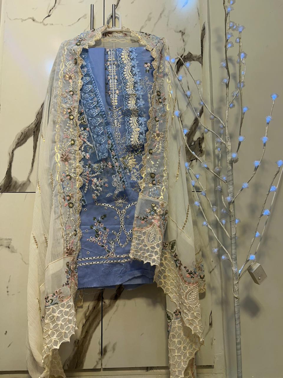 Sky blue dress from kalamkari brand - unstitched