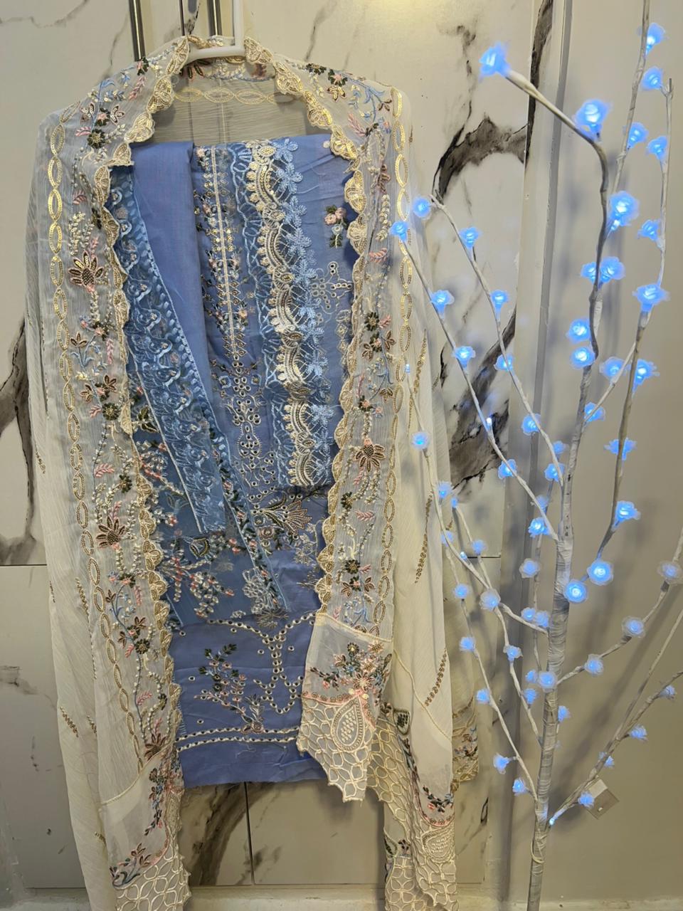 Sky blue dress from kalamkari brand - unstitched