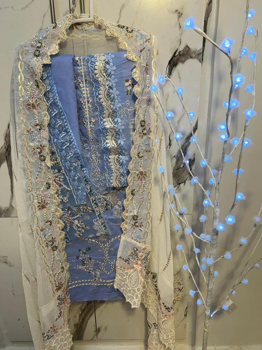 Sky blue dress from kalamkari brand - unstitched