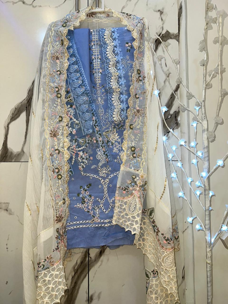 Sky blue dress from kalamkari brand - unstitched