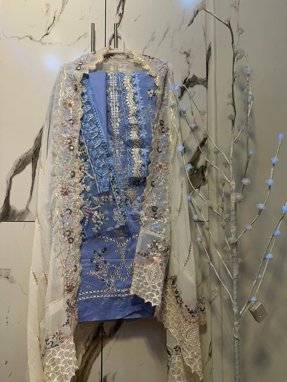 Sky blue dress from kalamkari brand - unstitched