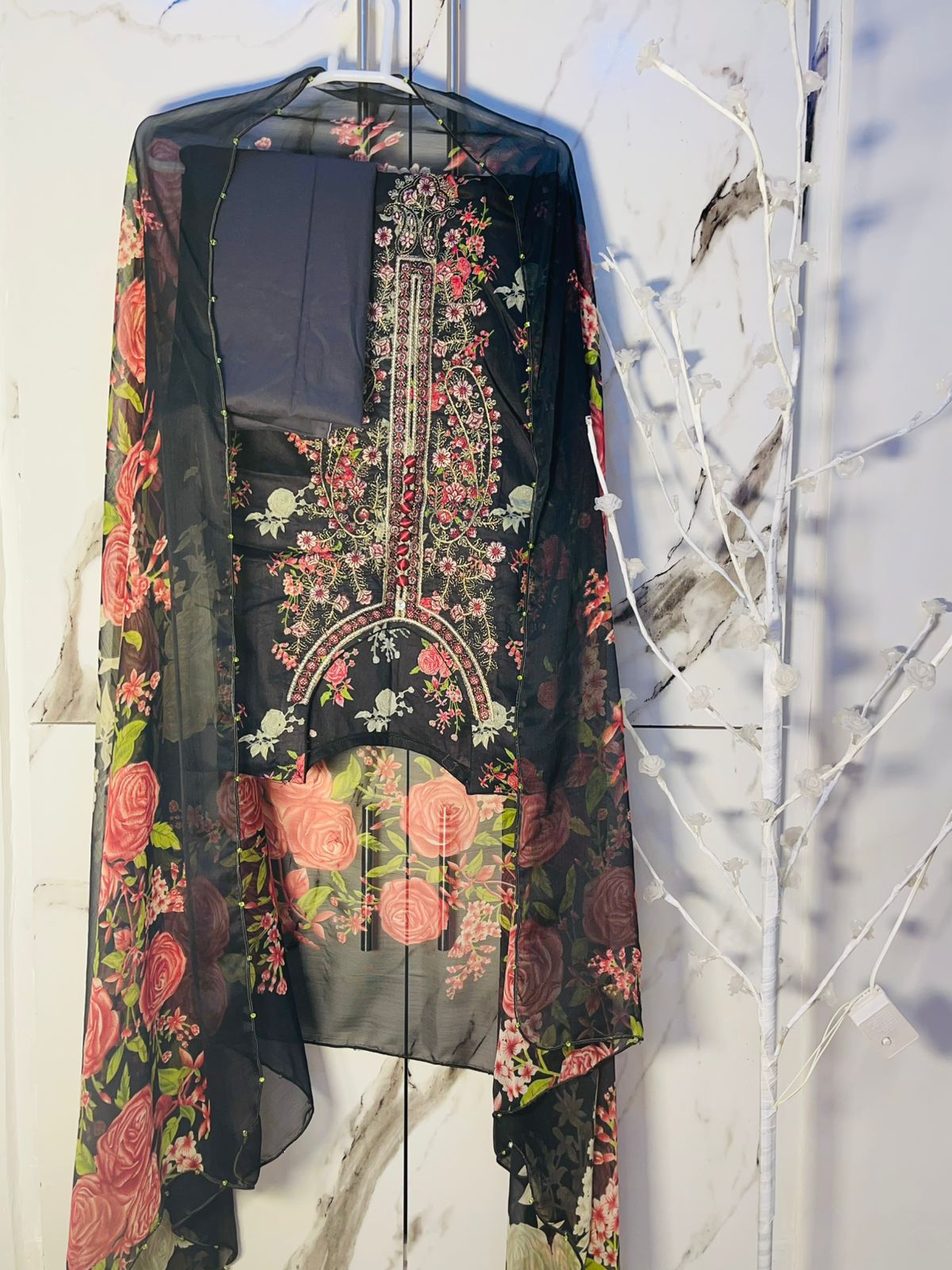 Black grey Shafon embroidery suit - unstitched