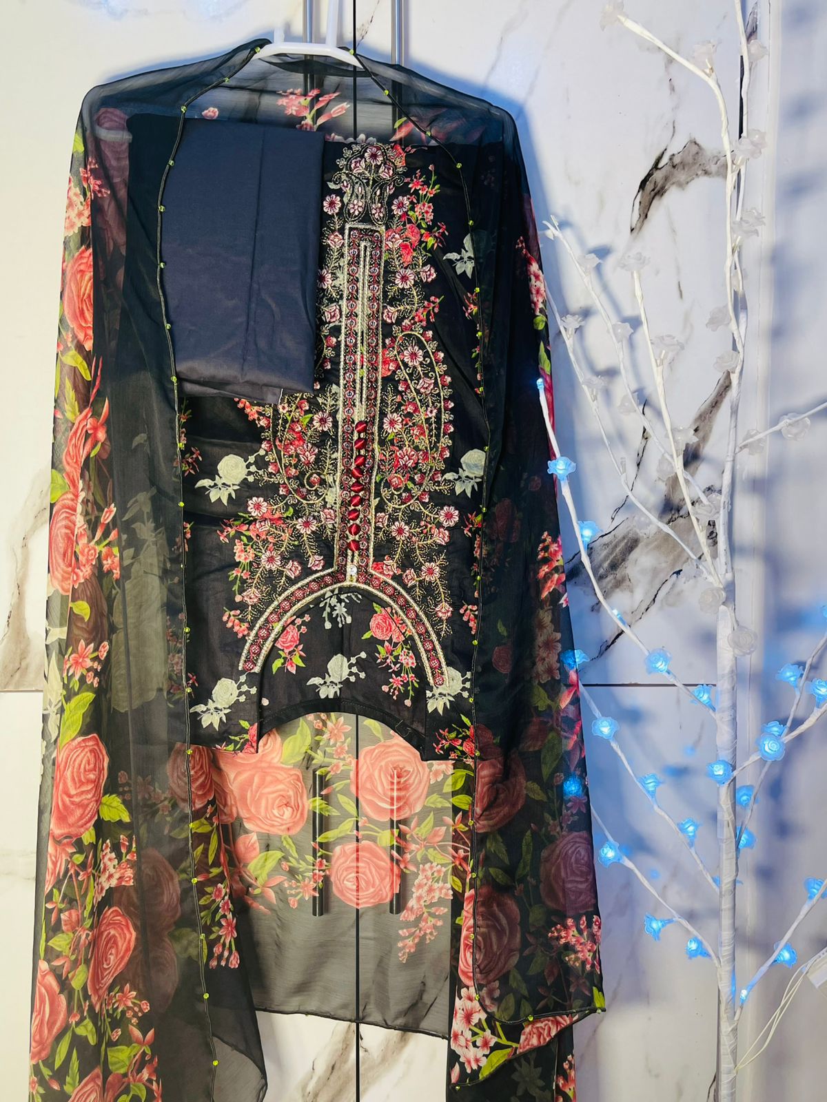 Black grey Shafon embroidery suit - unstitched