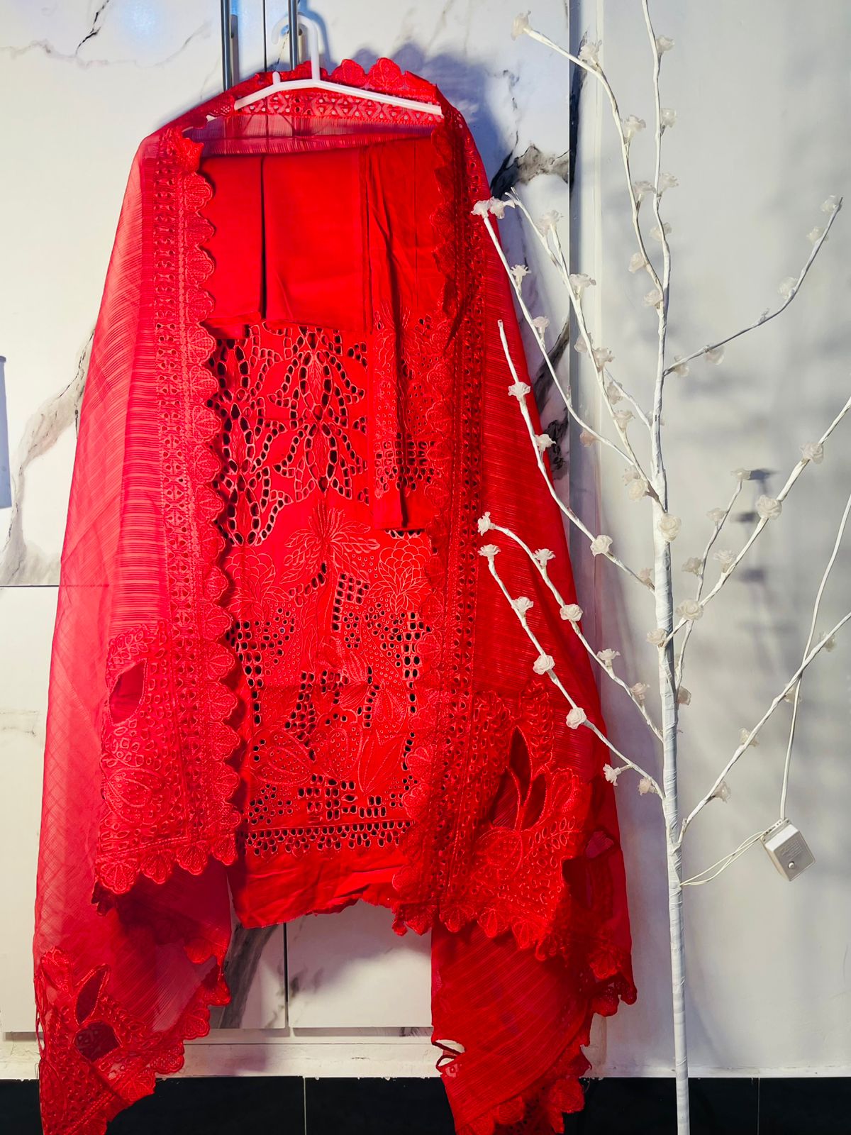 Red chikenkari daman suit - unstitched