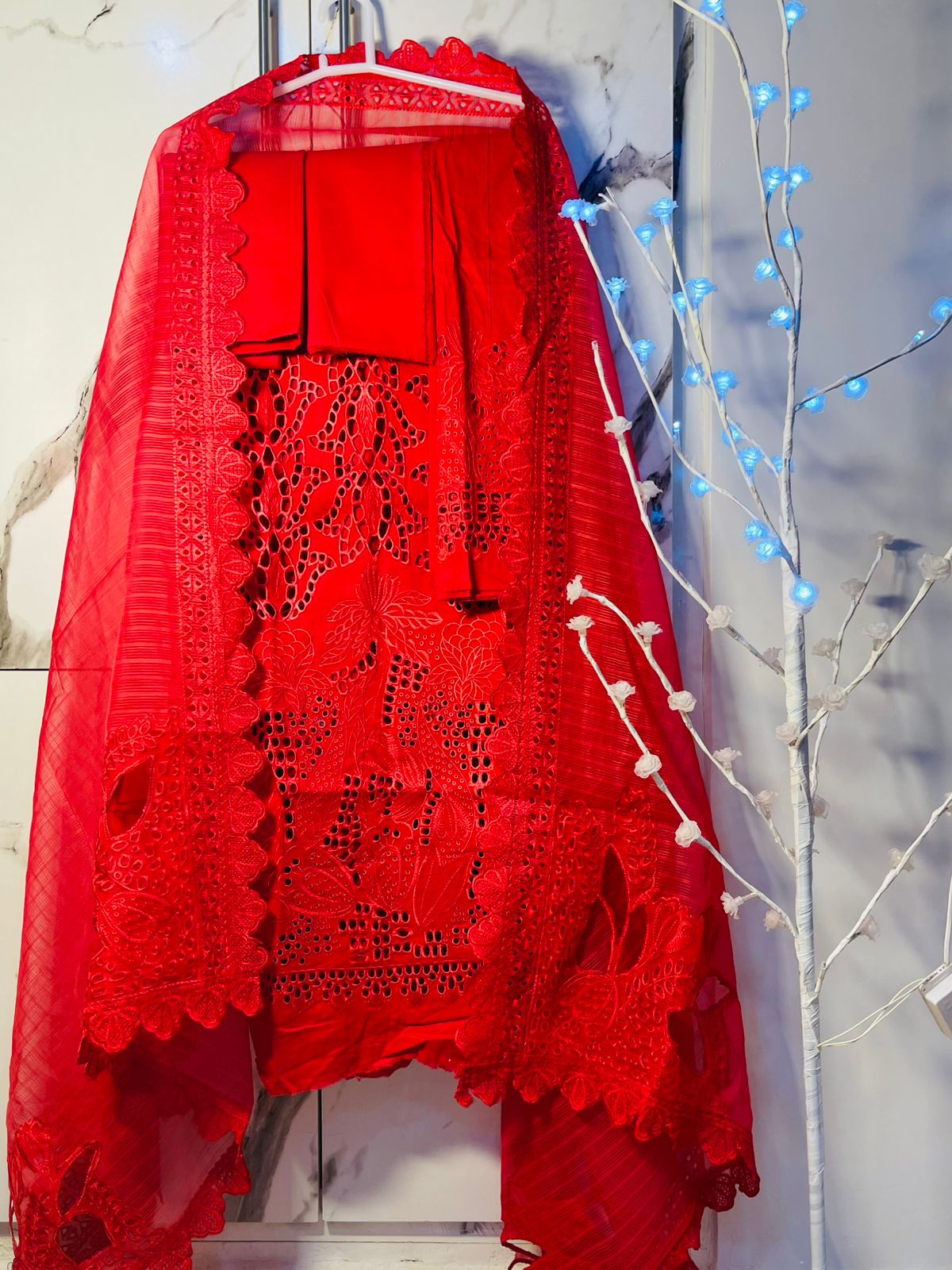 Red chikenkari daman suit - unstitched
