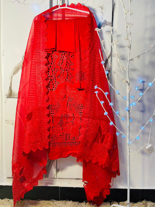 Red chikenkari daman suit - unstitched