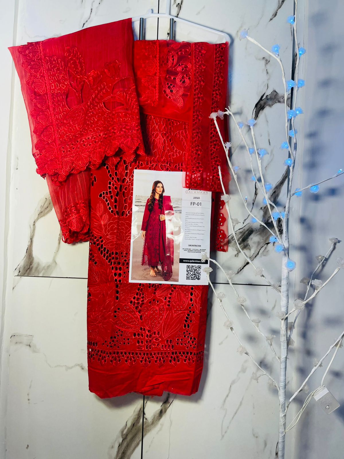 Red chikenkari daman suit - unstitched