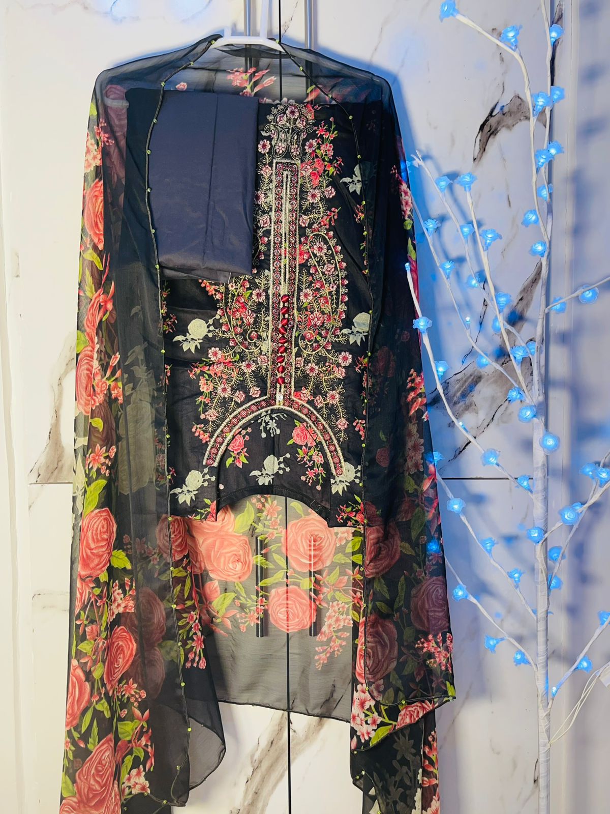 Black grey Shafon embroidery suit - unstitched