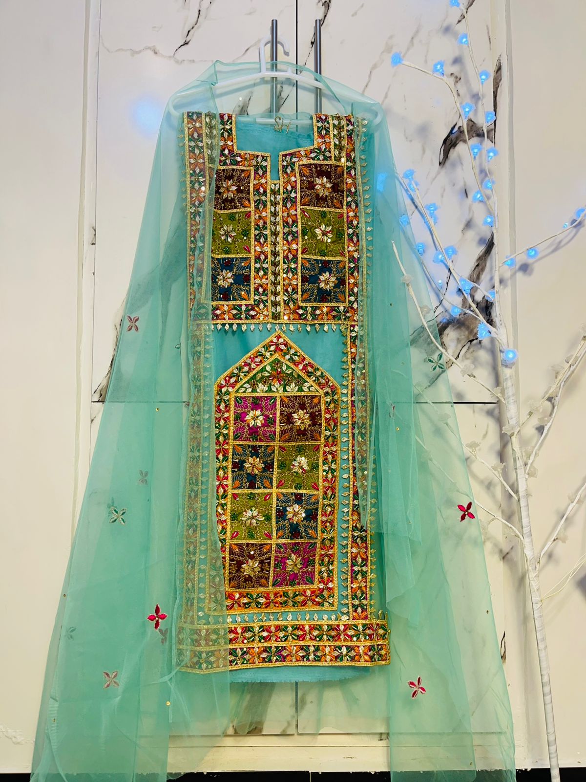 Blue balochi handmade suit - unstitched