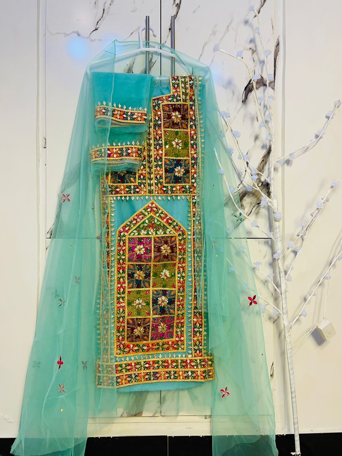 Blue balochi handmade suit - unstitched