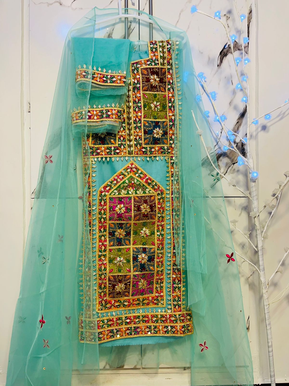 Blue balochi handmade suit - unstitched