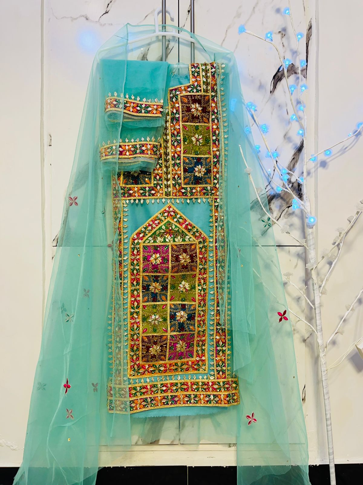 Blue balochi handmade suit - unstitched
