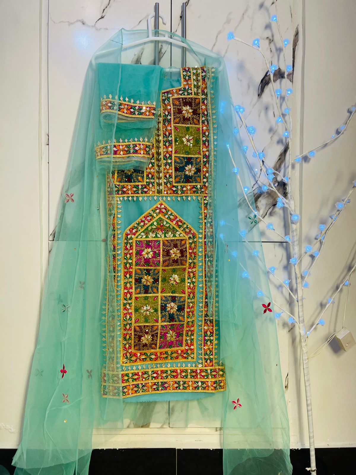 Blue balochi handmade suit - unstitched
